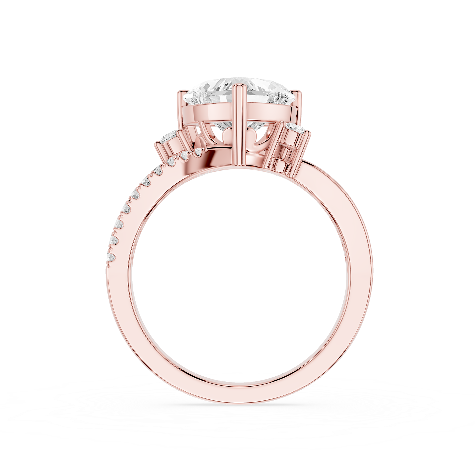 Rose gold ring with a large round-cut center stone and small pavé-set stones along the shank, shown on a plain white background.