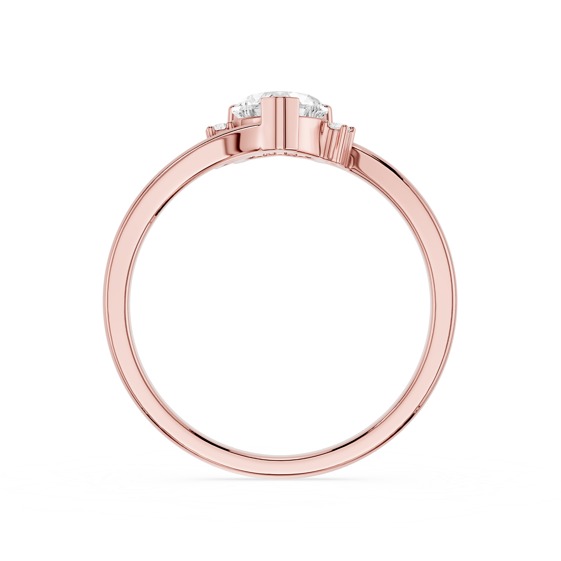 Rose gold ring with a diamond on a white background