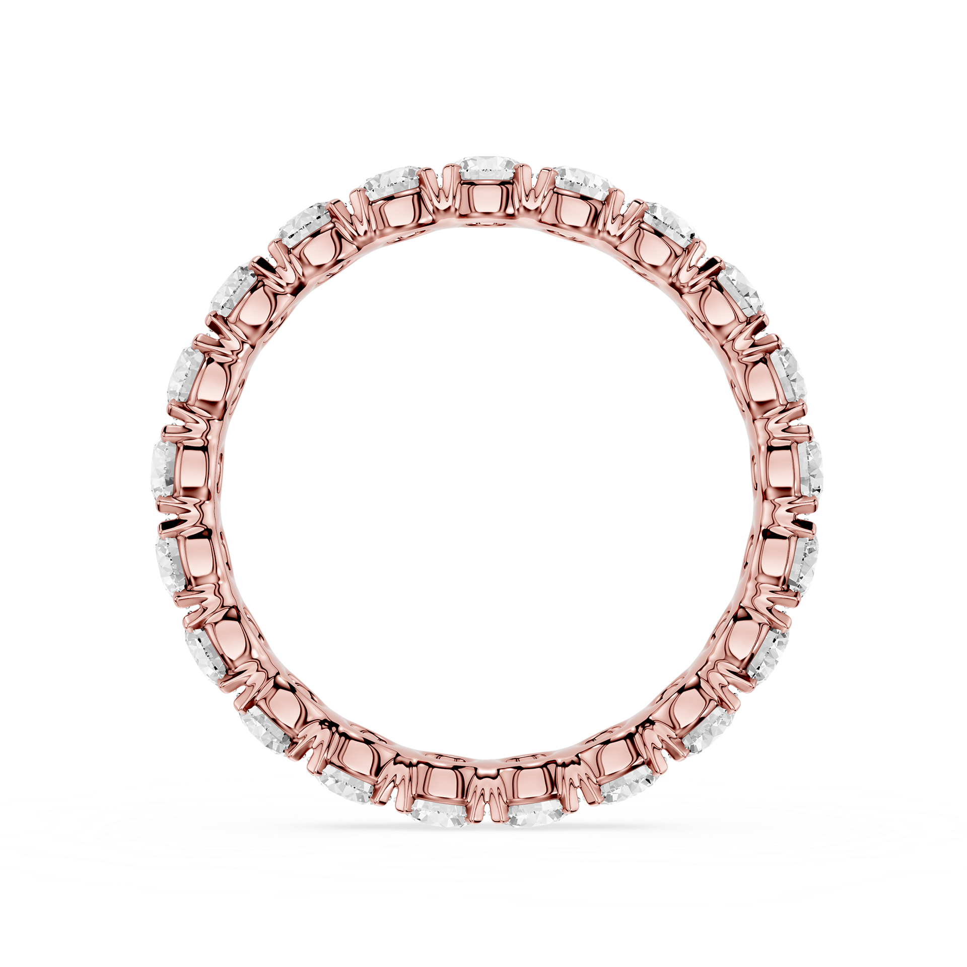 A rose gold eternity ring featuring a continuous line of small round-cut clear gemstones in a prong setting, shown against a plain white background.