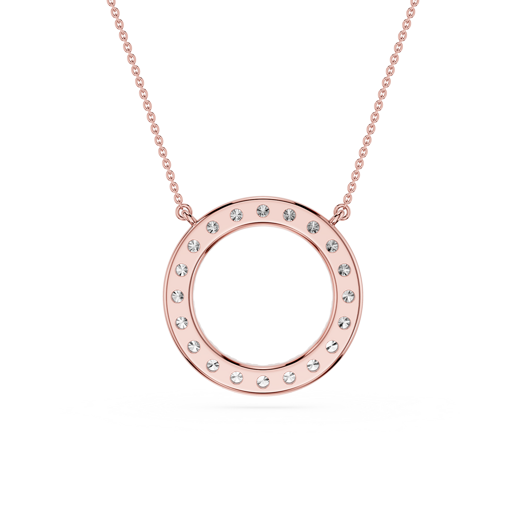 Rose gold necklace with a circular pendant on a white background