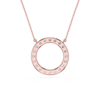 Rose gold necklace with a circular pendant on a white background