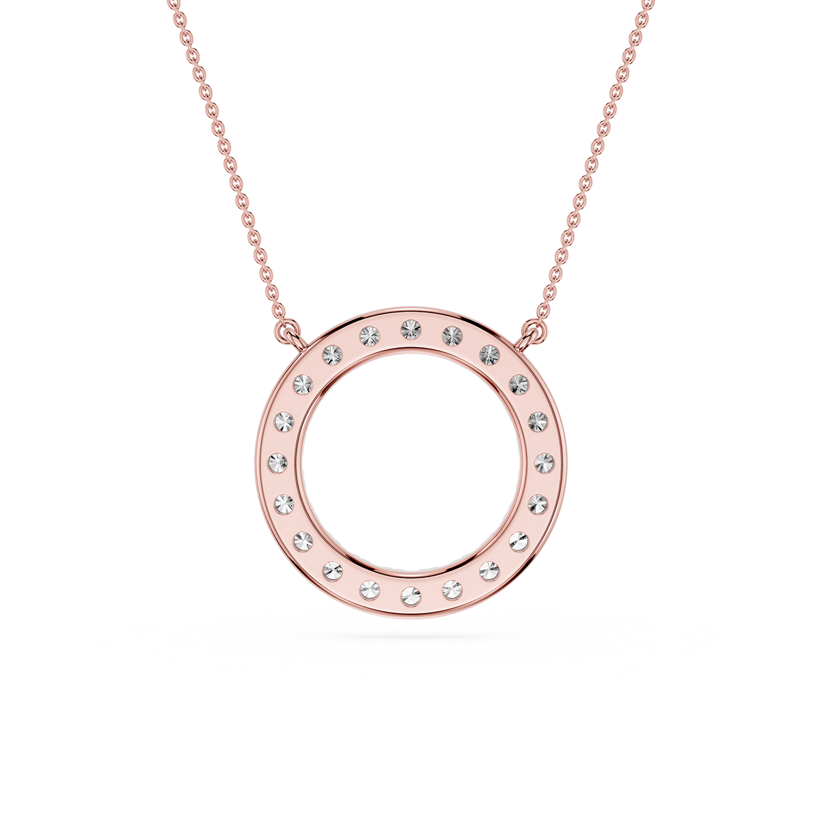Rose gold necklace with a circular pendant on a white background