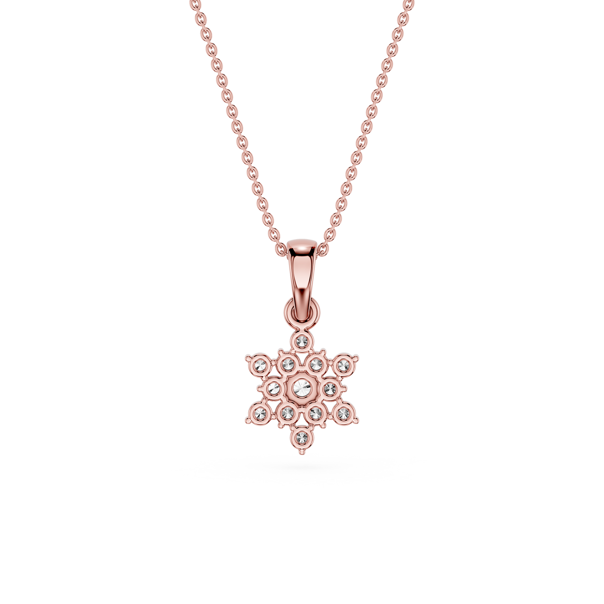 Rose gold snowflake pendant necklace on a white background