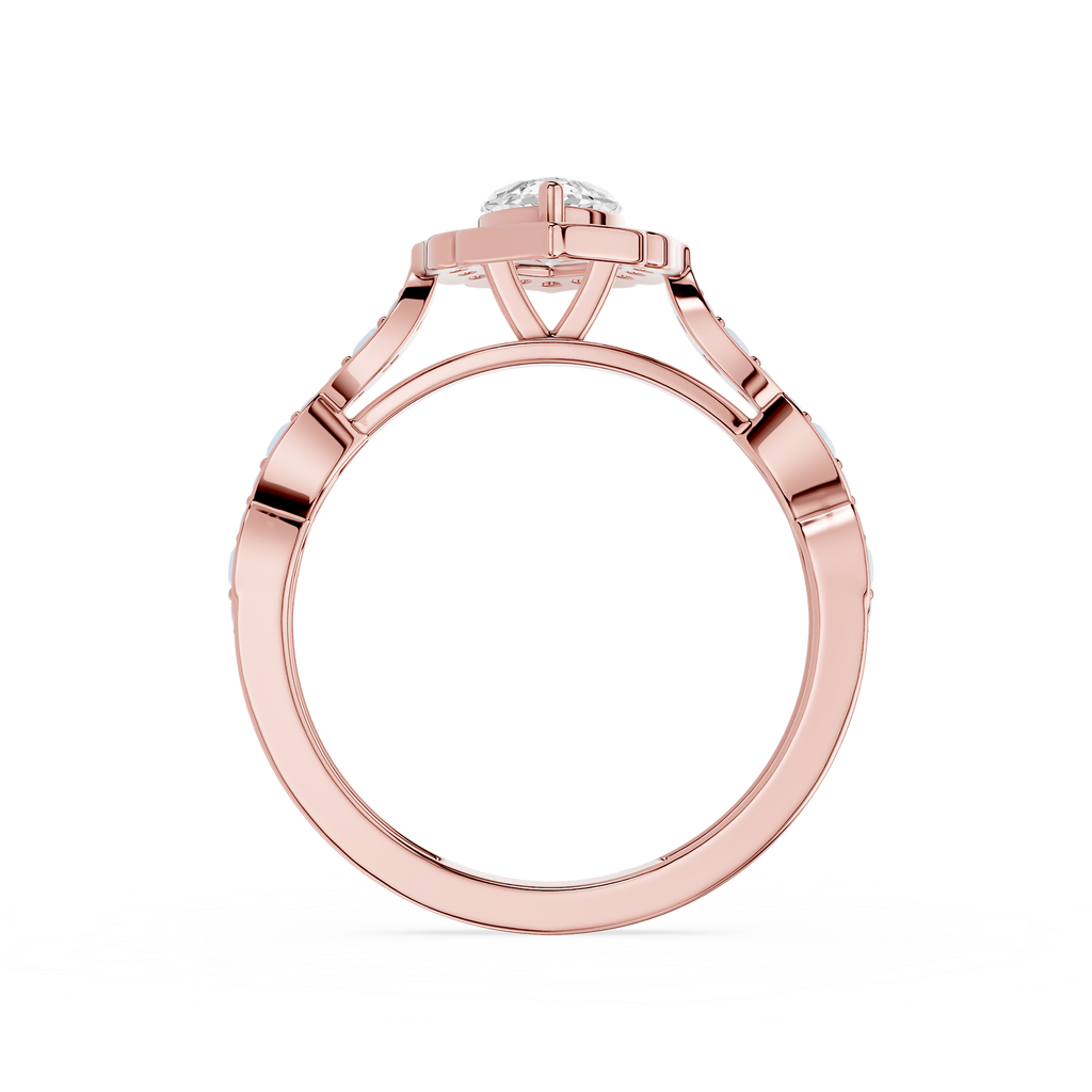 Rose gold ring with a diamond on a white background