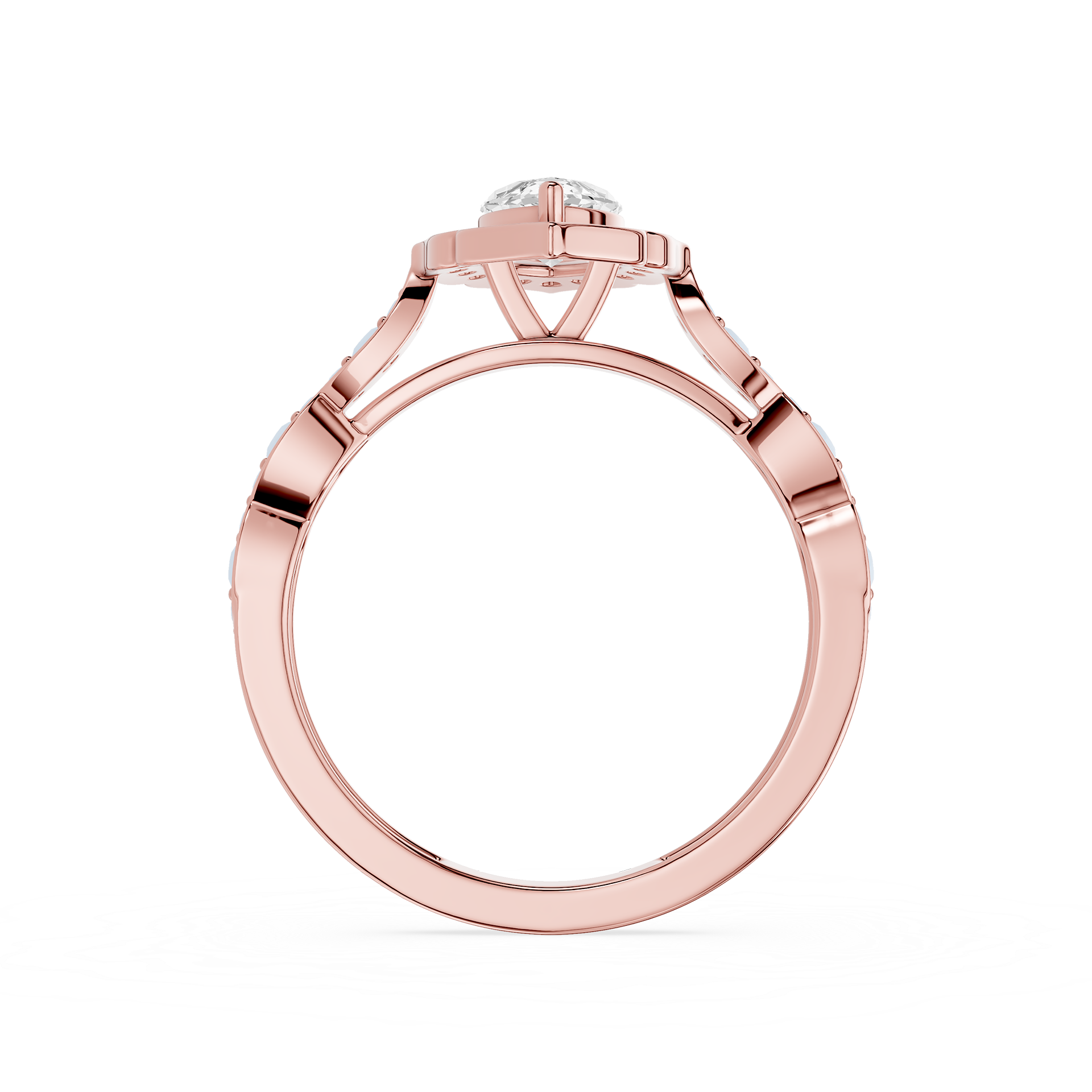 Rose gold ring with a diamond on a white background