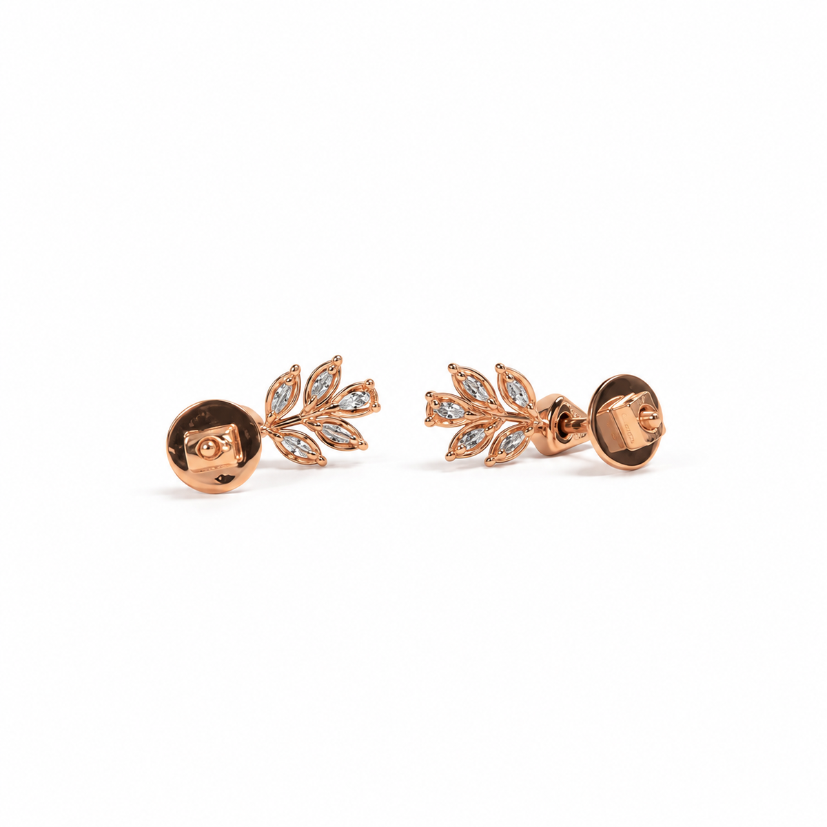 A pair of rose gold diamond cluster earrings displaying graduated marquise cut stones beneath triangular diamond stud tops
