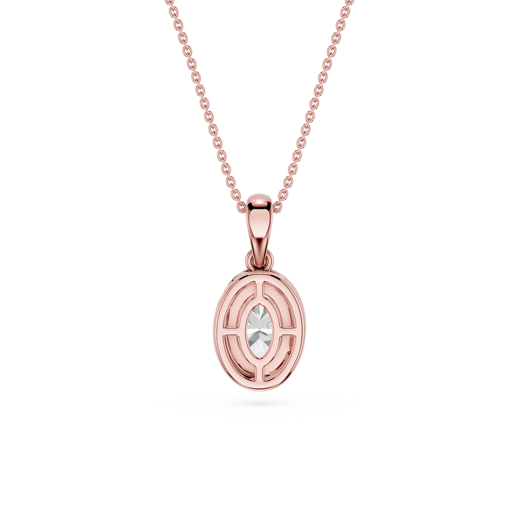 Rose gold pendant necklace on a white background