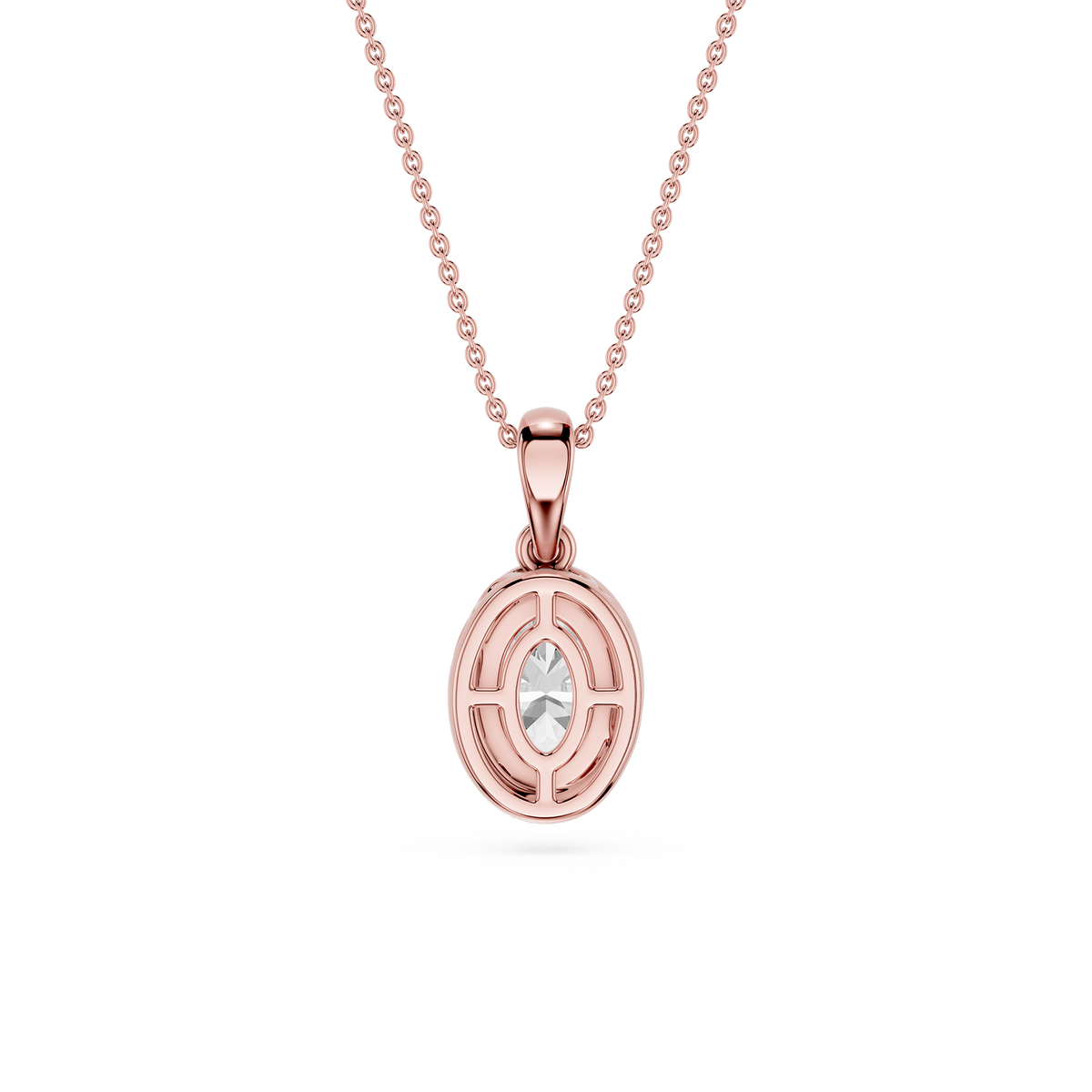 Rose gold pendant necklace on a white background