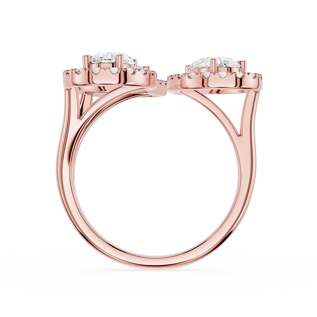 Rose gold ring with three diamonds on a white background