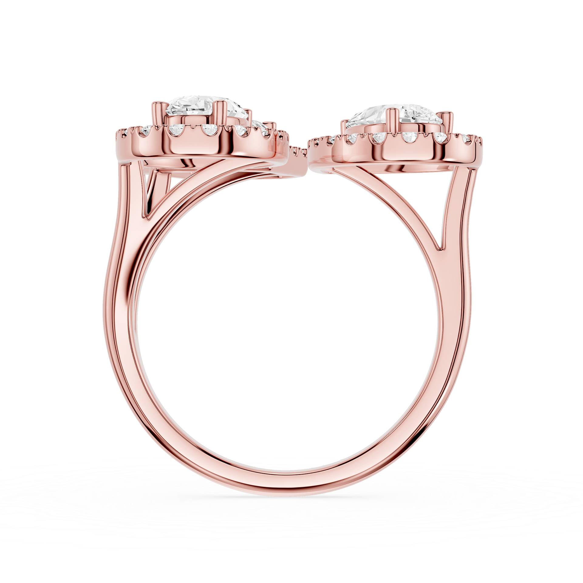 Rose gold ring with three diamonds on a white background