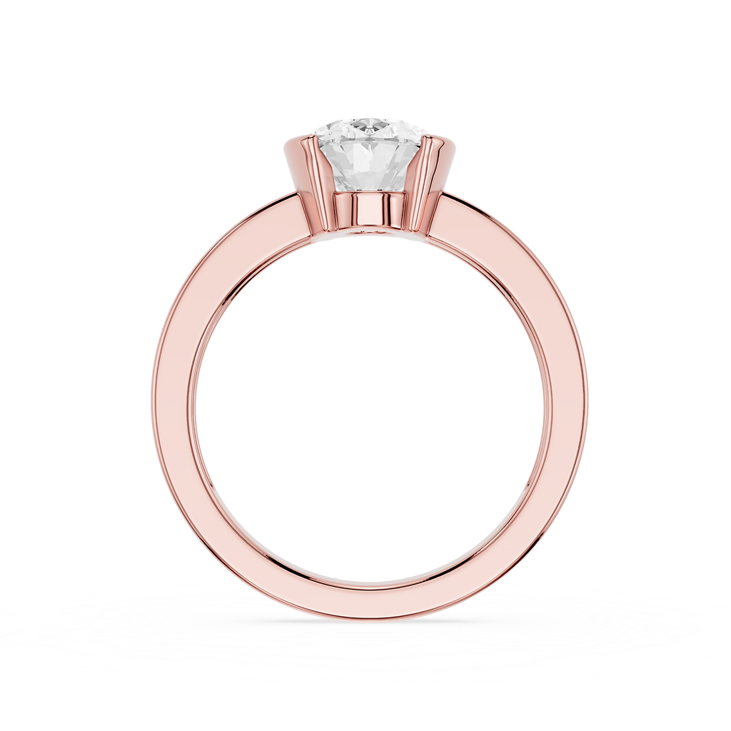 Rose gold ring with a diamond on a white background