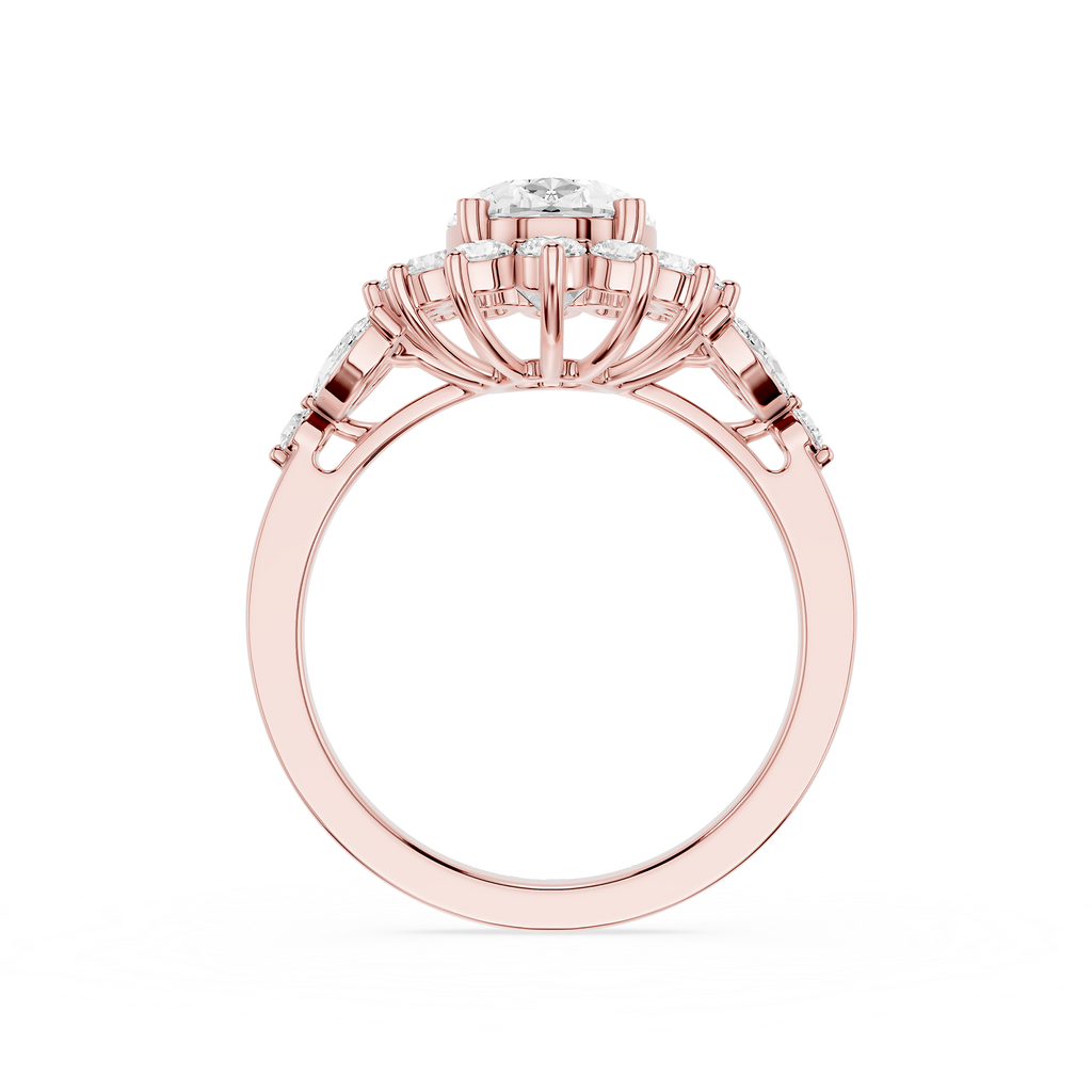 A rose gold ring with a large round-cut center stone and smaller side stones, shown from a top-down view on a plain white background.