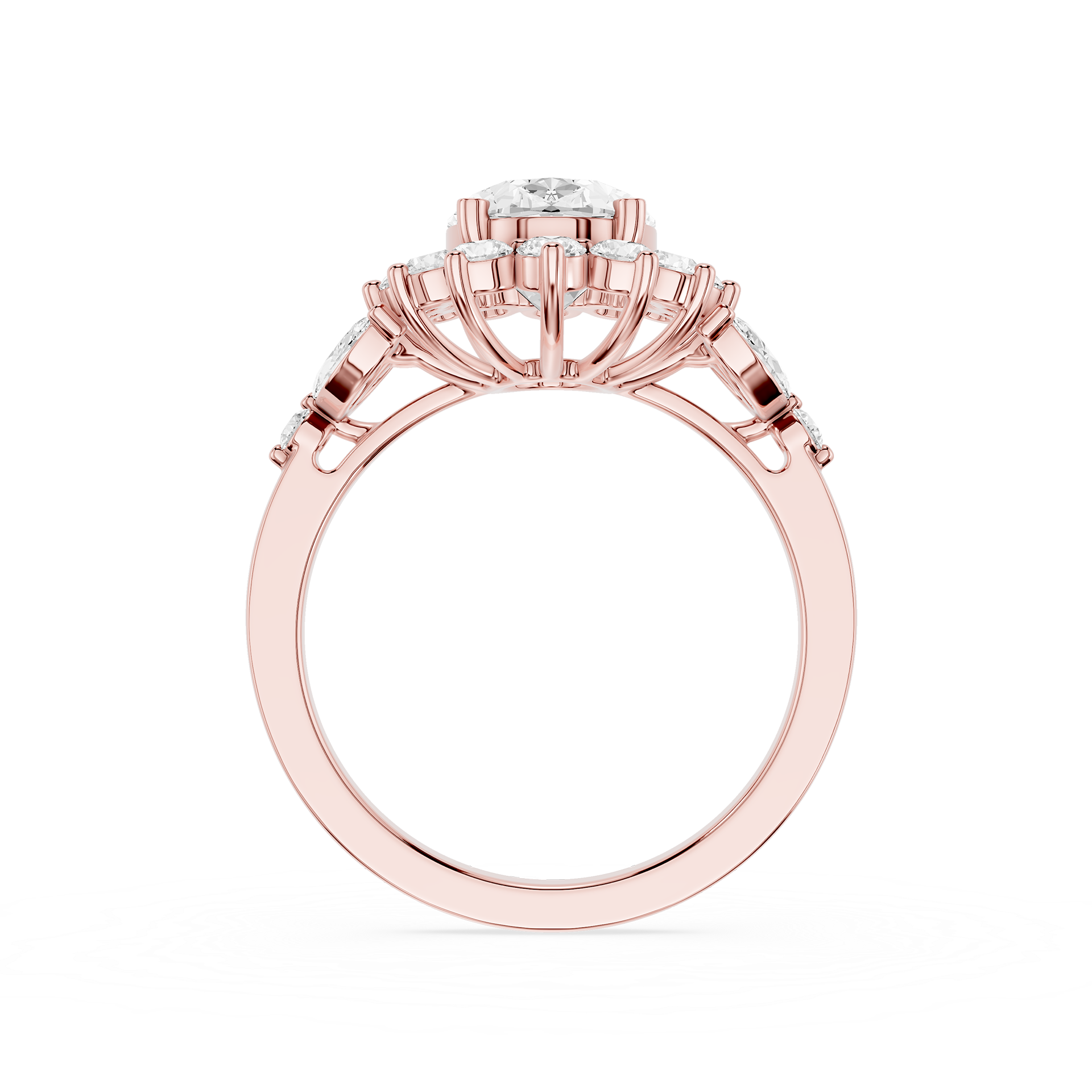 A rose gold ring with a large round-cut center stone and smaller side stones, shown from a top-down view on a plain white background.