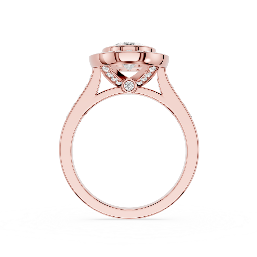Rose gold ring with diamond accents on a white background