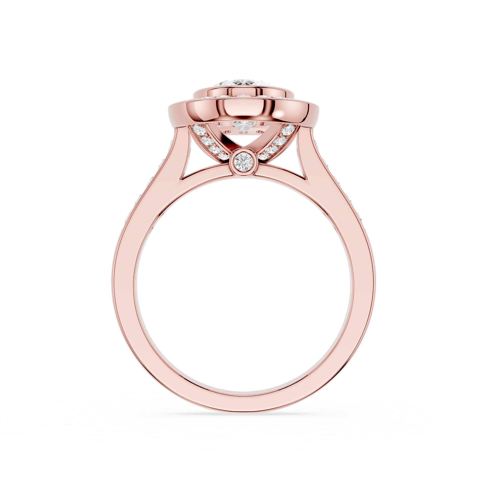 Rose gold ring with diamond accents on a white background