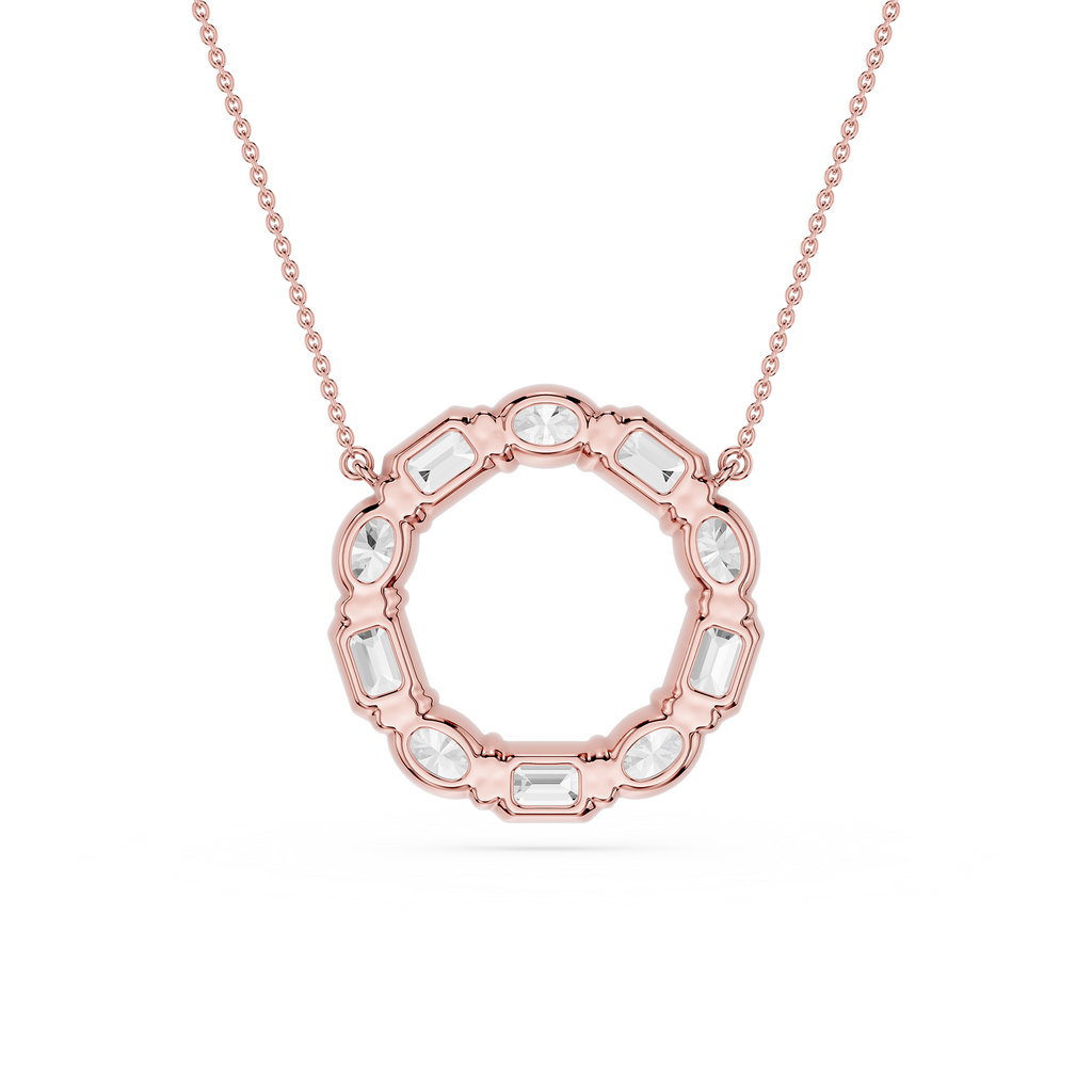 Rose gold necklace with a circular pendant on a white background