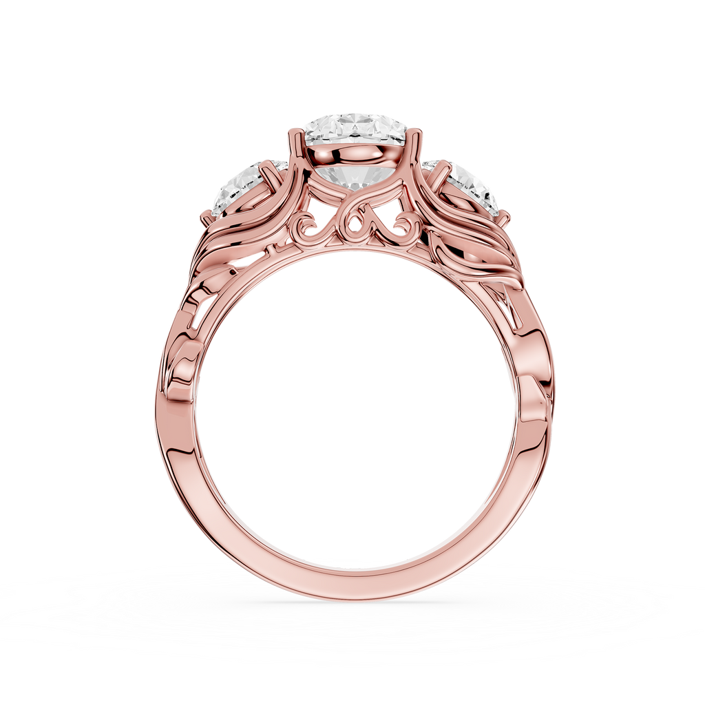 Rose gold ring with diamond accents on a white background