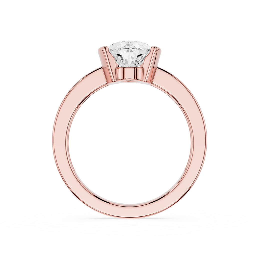 Rose gold ring with a diamond on a white background