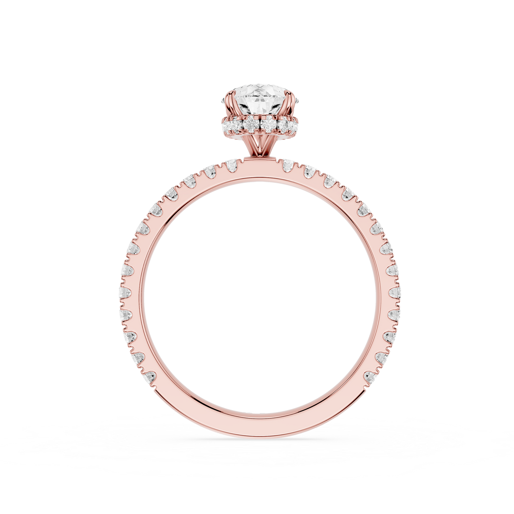 Rose gold ring with diamond accents on a white background