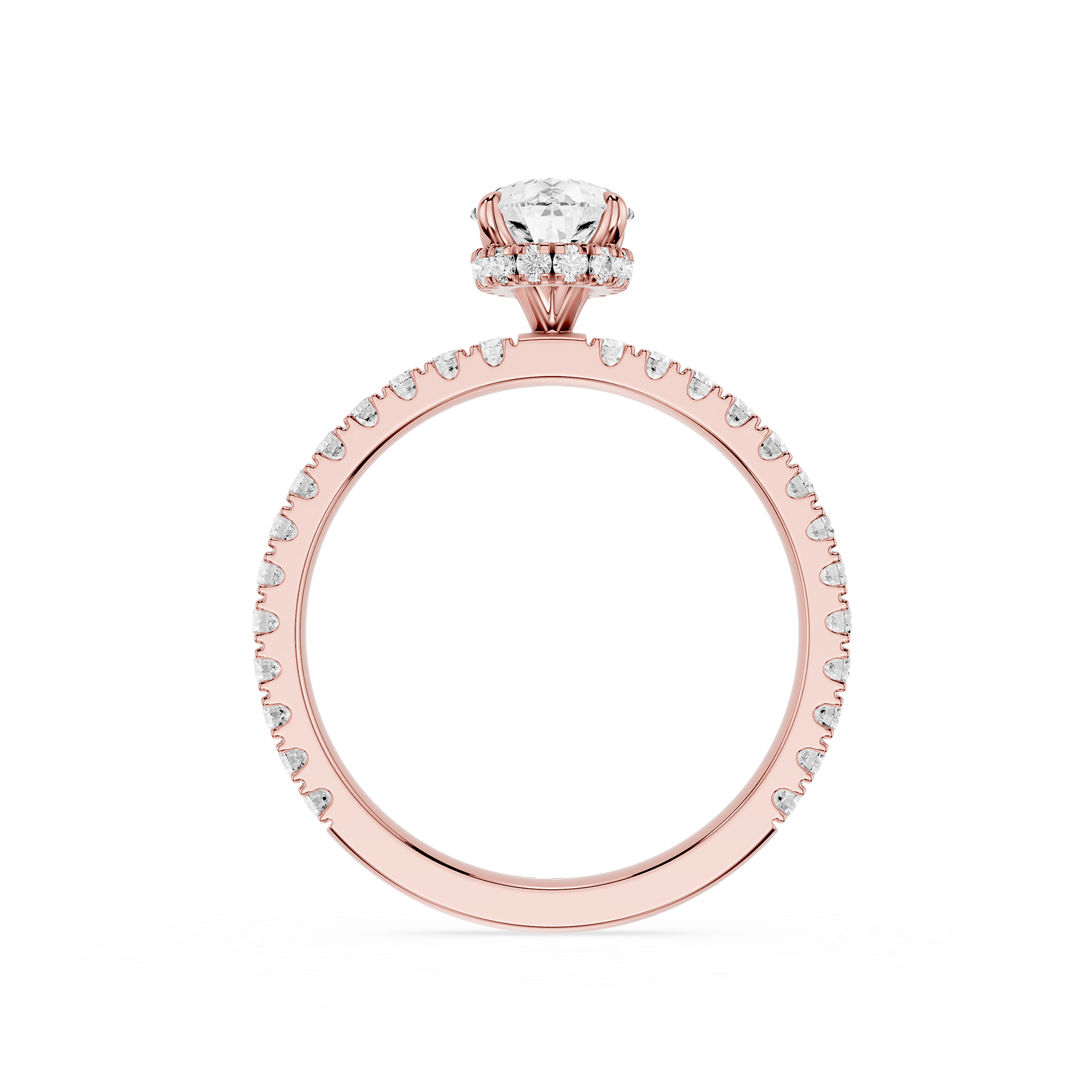 Rose gold ring with diamond accents on a white background
