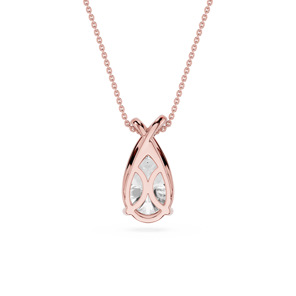 Rose gold necklace with a teardrop-shaped pendant on a white background