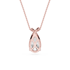 Rose gold necklace with a teardrop-shaped pendant on a white background