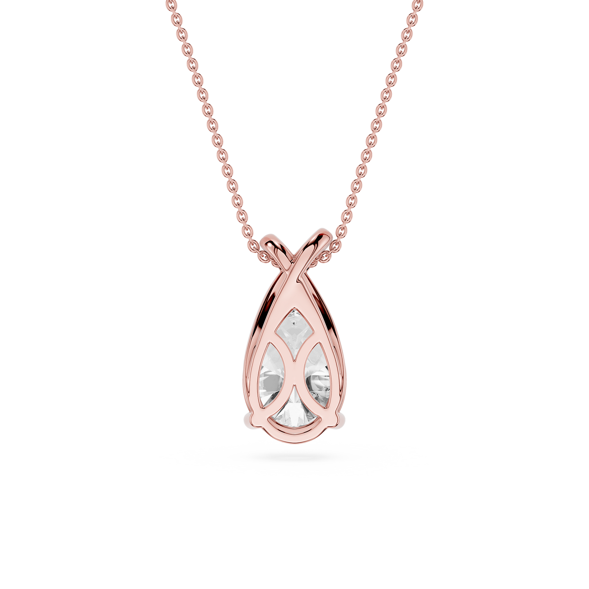 Rose gold necklace with a teardrop-shaped pendant on a white background