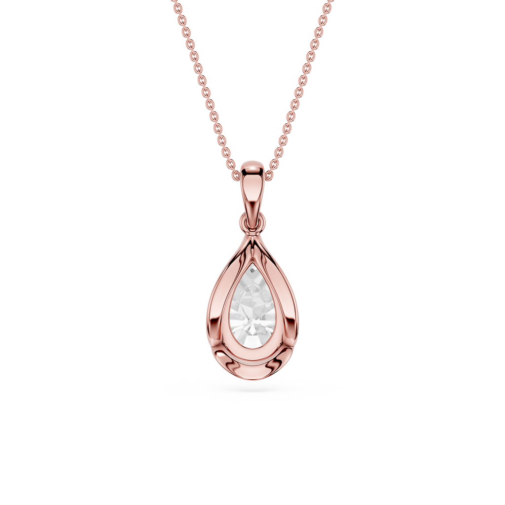 Rose gold teardrop pendant necklace on a white background