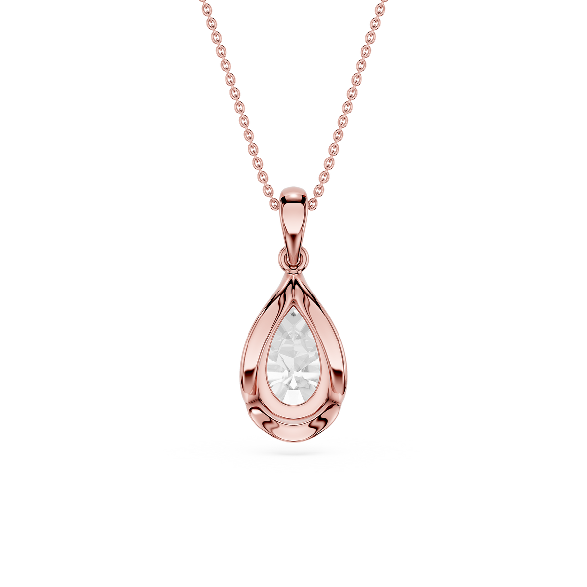 Rose gold teardrop pendant necklace on a white background