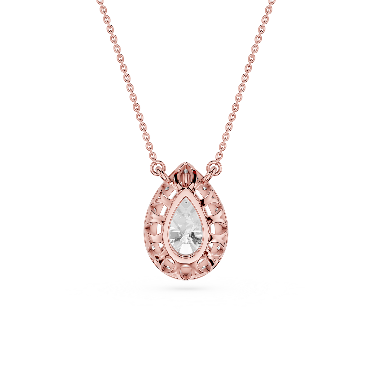 A pear-shaped lab diamond sits inside a round diamond halo on this rose gold pendant necklace with a three prong setting