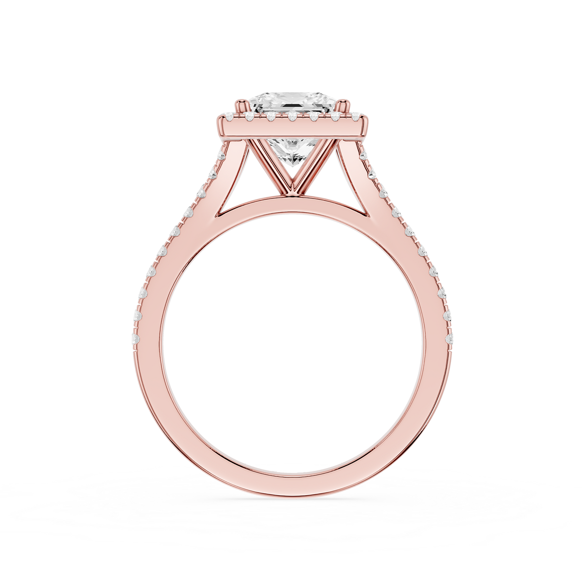 Back View Of Rose Gold Princess Cut Cathedral Halo Lab Diamond Engagement Ring