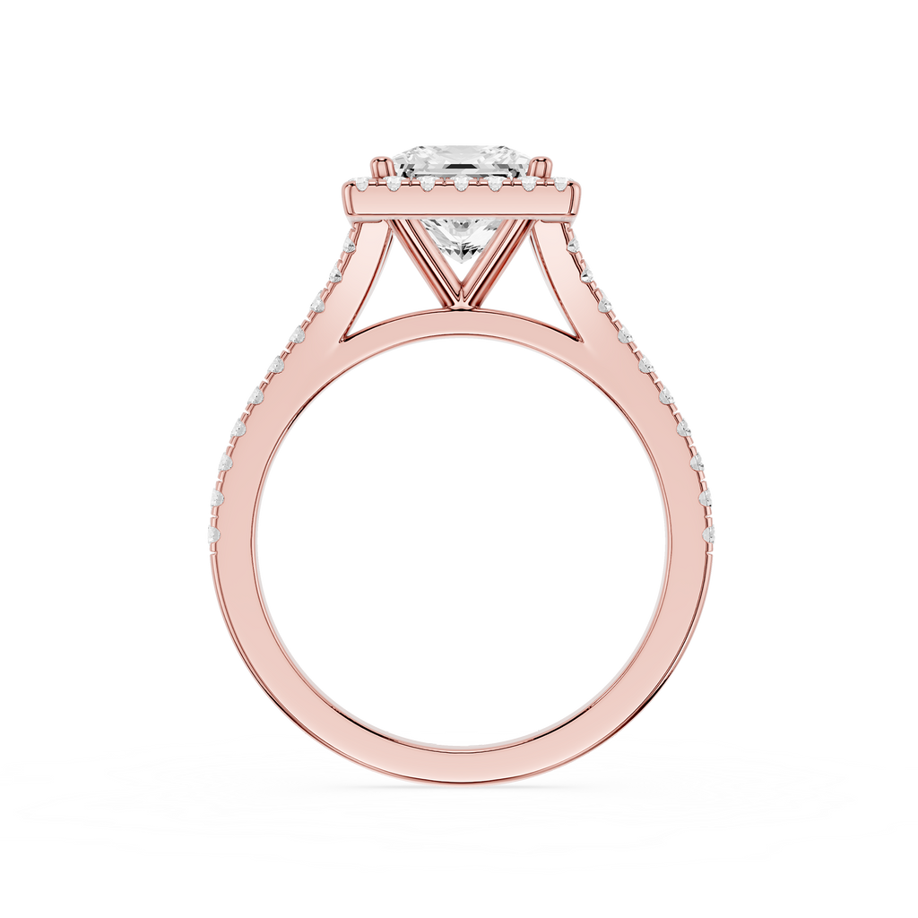Rose gold ring with diamond on a white background