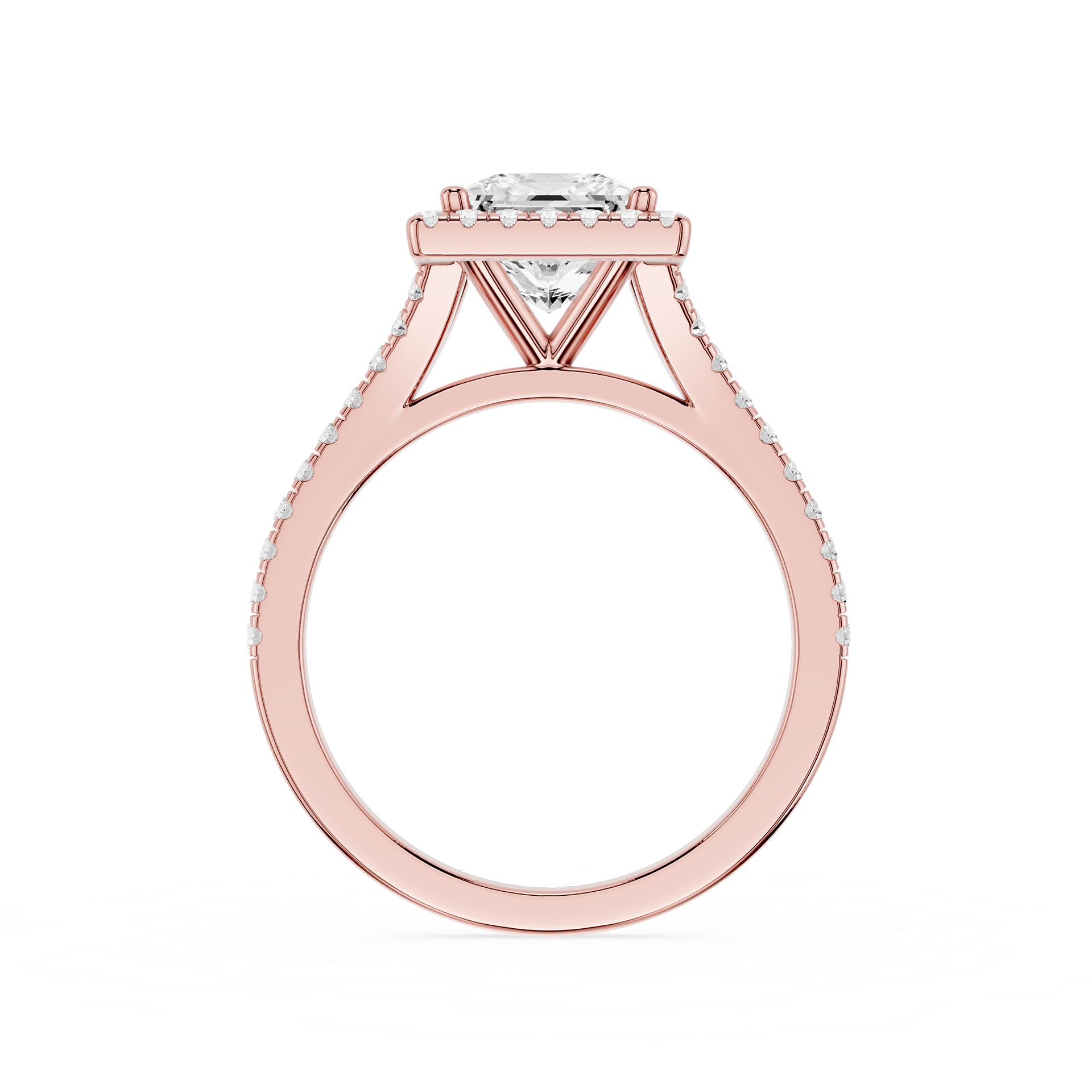Rose gold ring with diamond on a white background