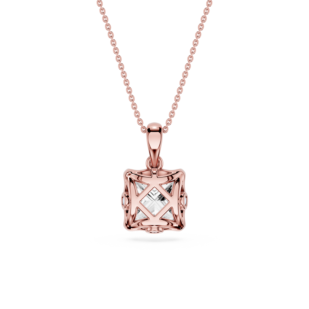 Rose gold pendant necklace on a white background