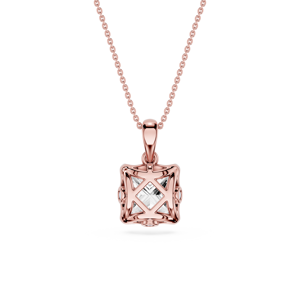 Rose gold pendant necklace on a white background