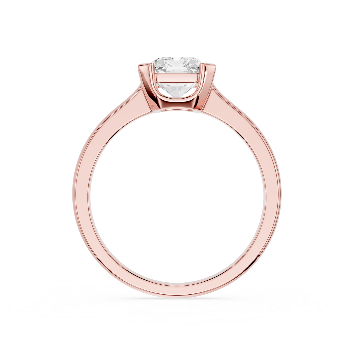 Back View Of Rose Gold Radiant Cut Lab Diamond Double Claw Prong Engagement Ring.