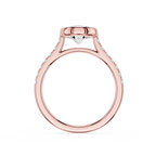 A rose gold engagement ring with a round bezel setting, featuring a central diamond and small pavé diamonds along the shoulders, shown on a plain white background.
