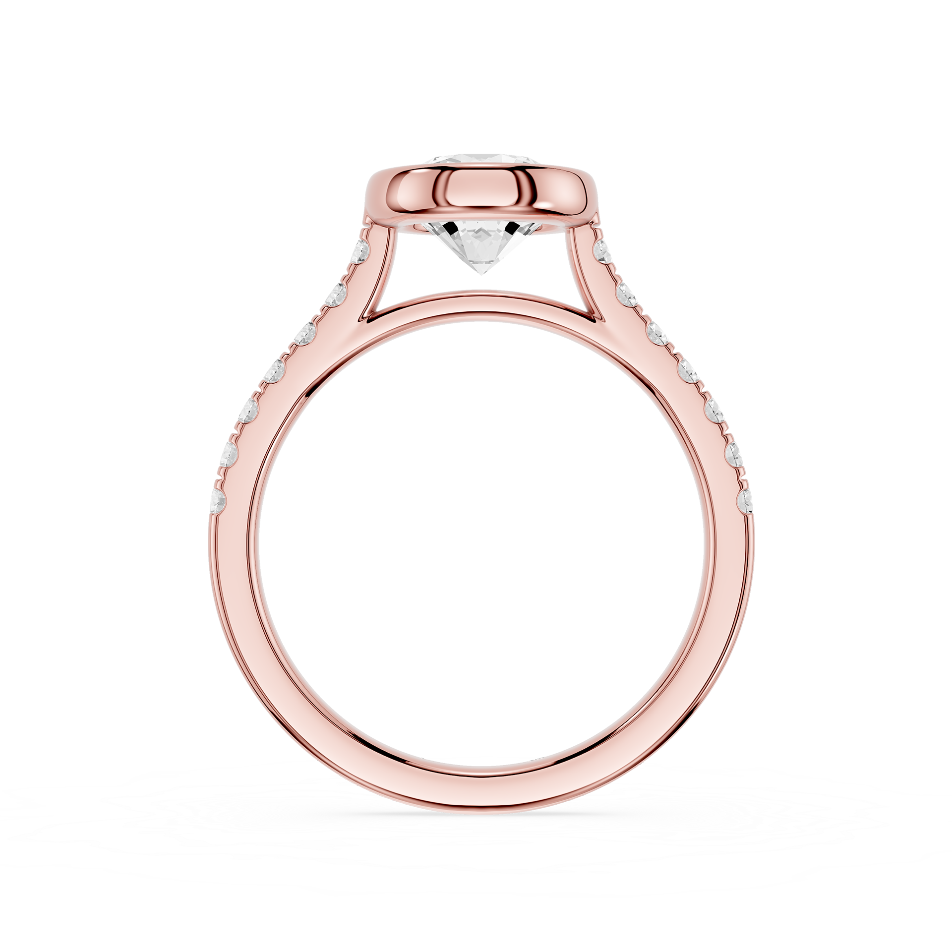 A rose gold engagement ring with a round bezel setting, featuring a central diamond and small pavé diamonds along the shoulders, shown on a plain white background.