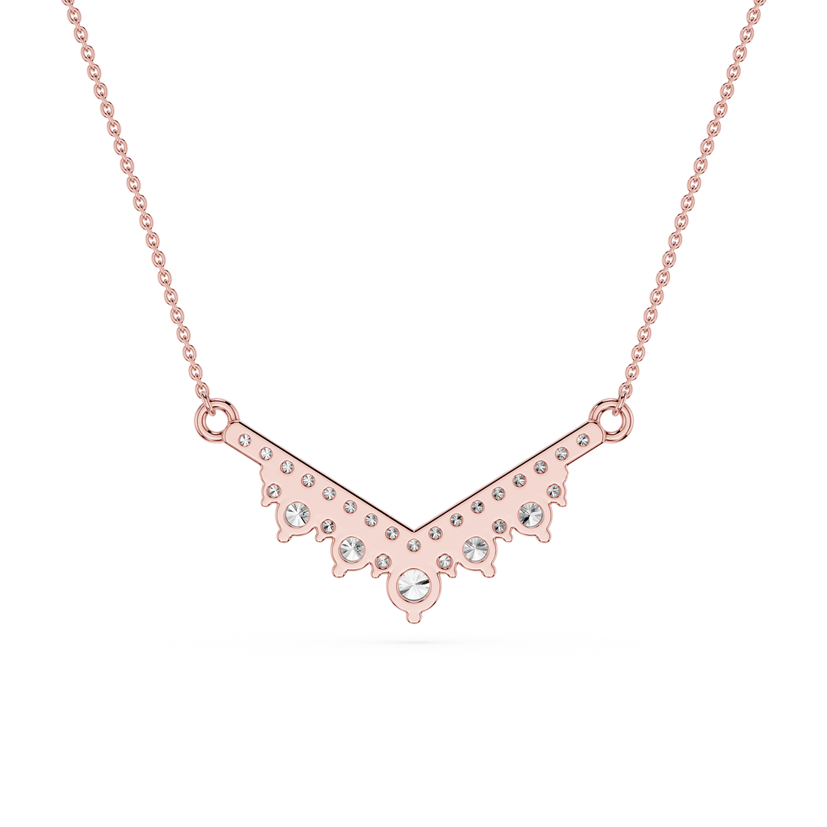 Rose gold necklace with a V-shaped design on a white background