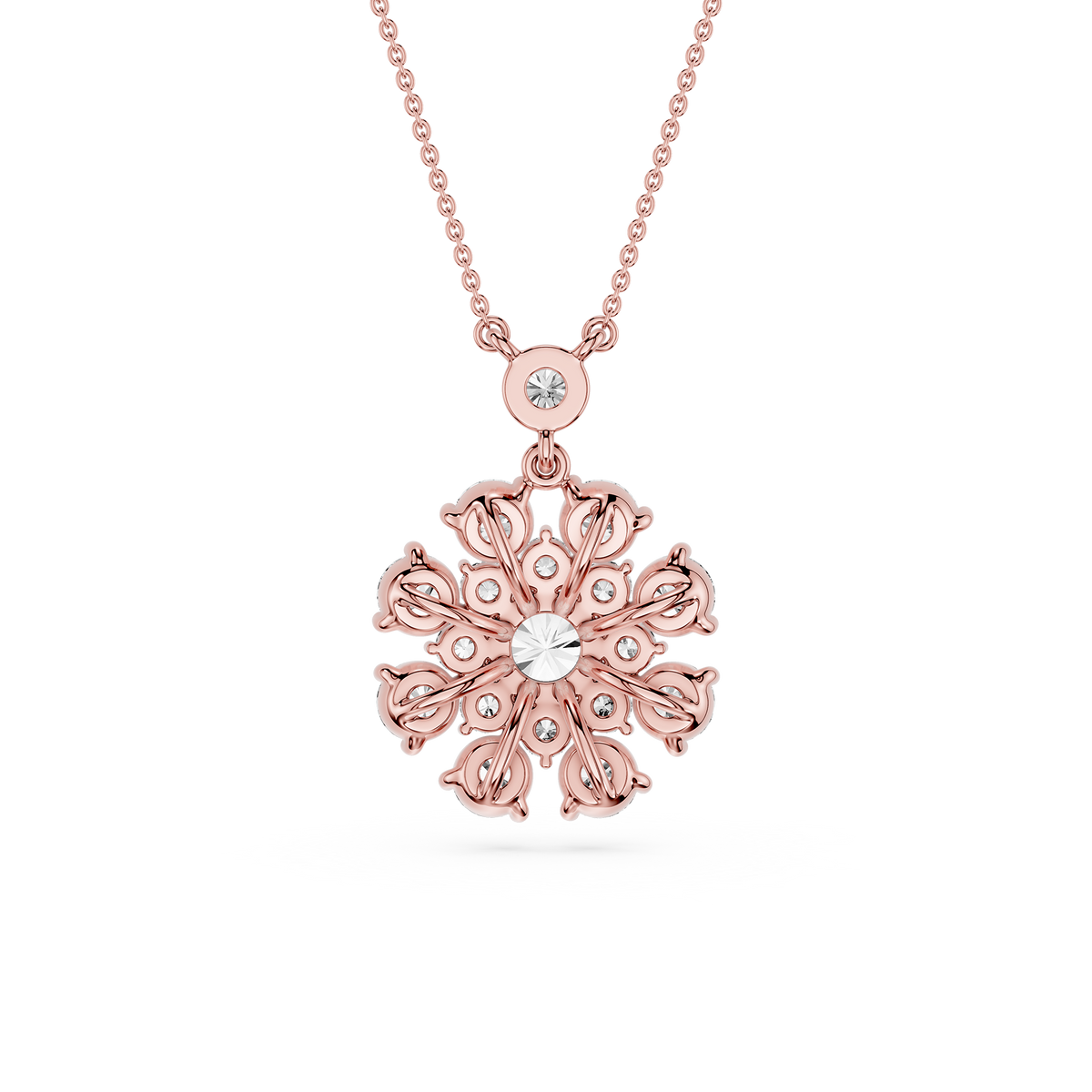 Rose gold snowflake pendant necklace on a white background