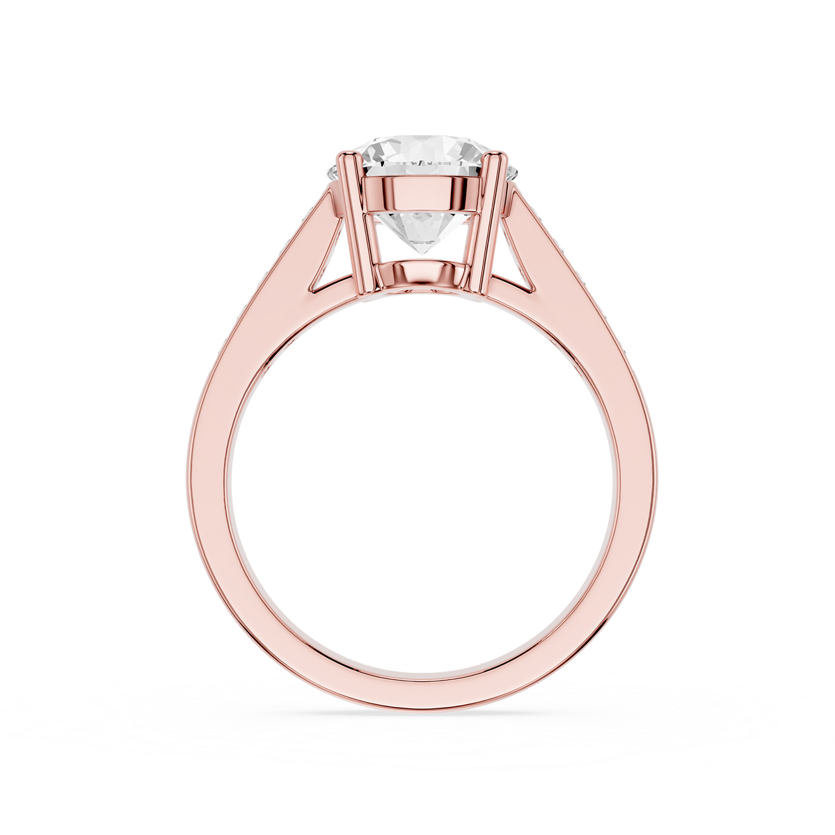 A rose gold Round Cut Lab Diamond Pave Split Shank Engagement Ring