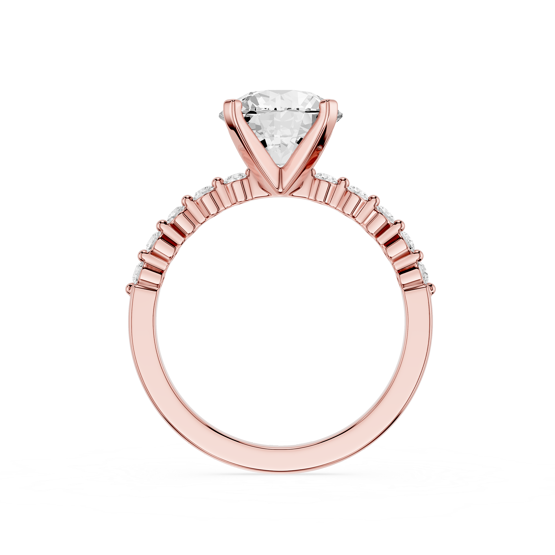 A rose gold engagement ring featuring a triangular-cut diamond solitaire center stone and a halo of small round diamonds along the shank, shown on a plain white background.