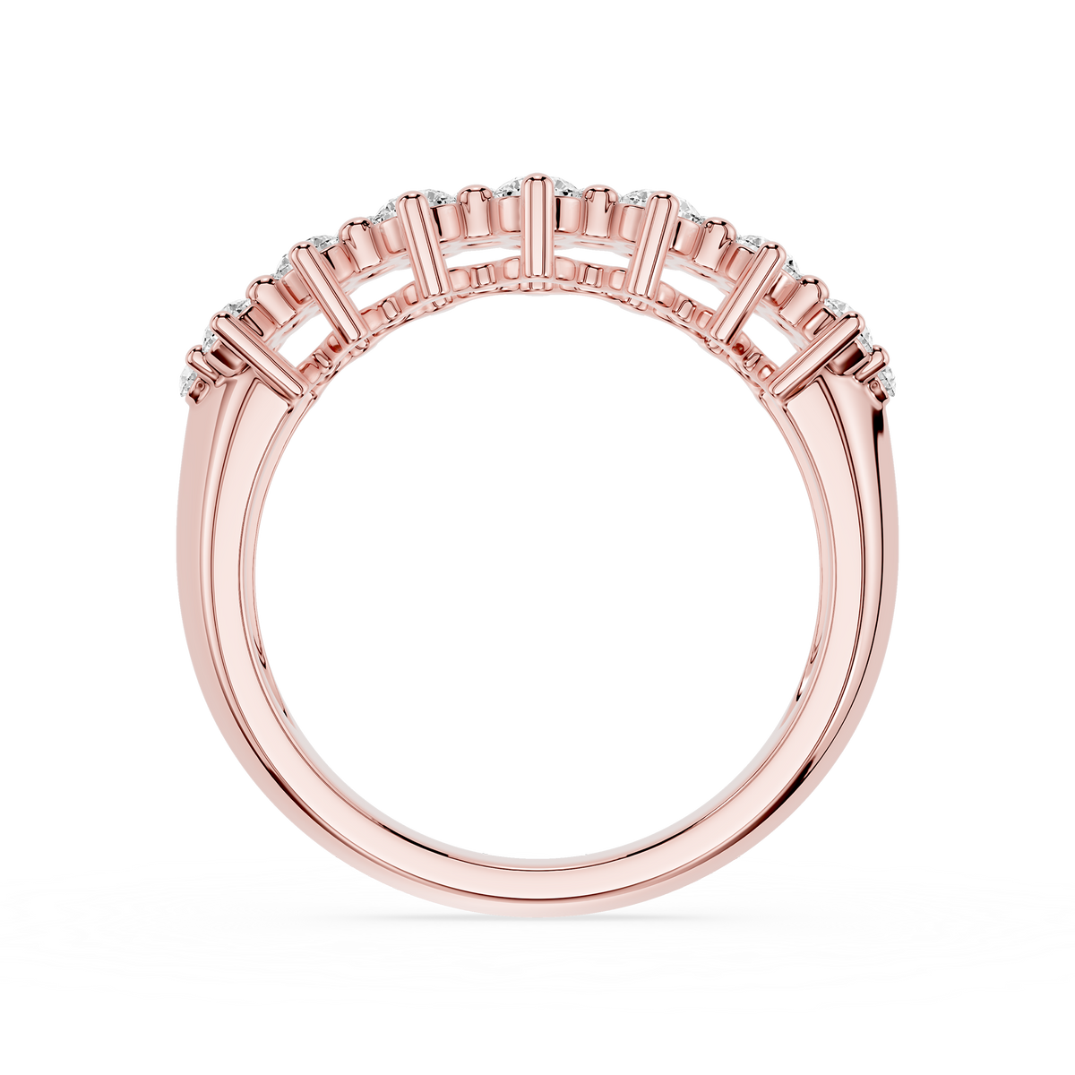 A rose gold half-eternity wedding band for woman with a round brilliant cut lab-grown diamonds.