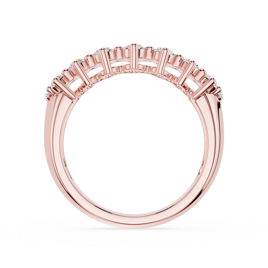 A silver half-pavé ring featuring baguette-cut diamonds set in a polished white metal band, shown against a plain white background.