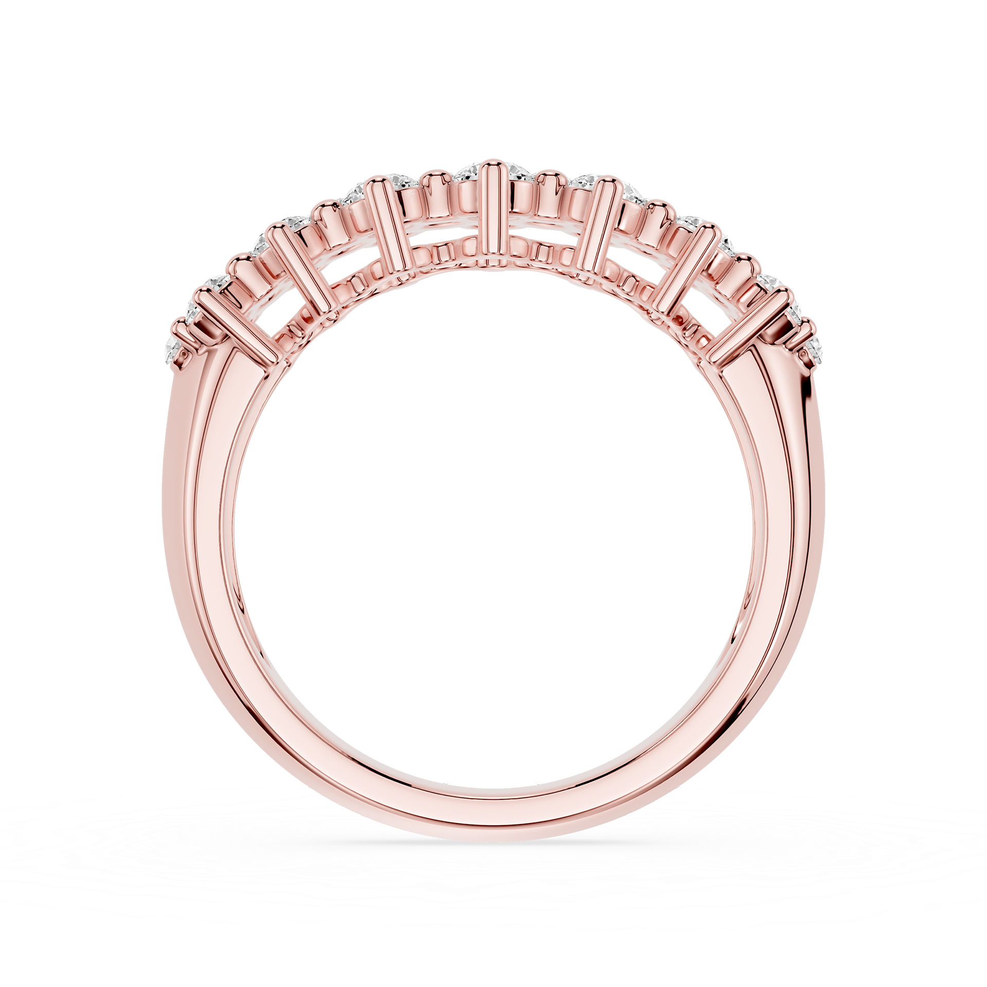 A silver half-pavé ring featuring baguette-cut diamonds set in a polished white metal band, shown against a plain white background.