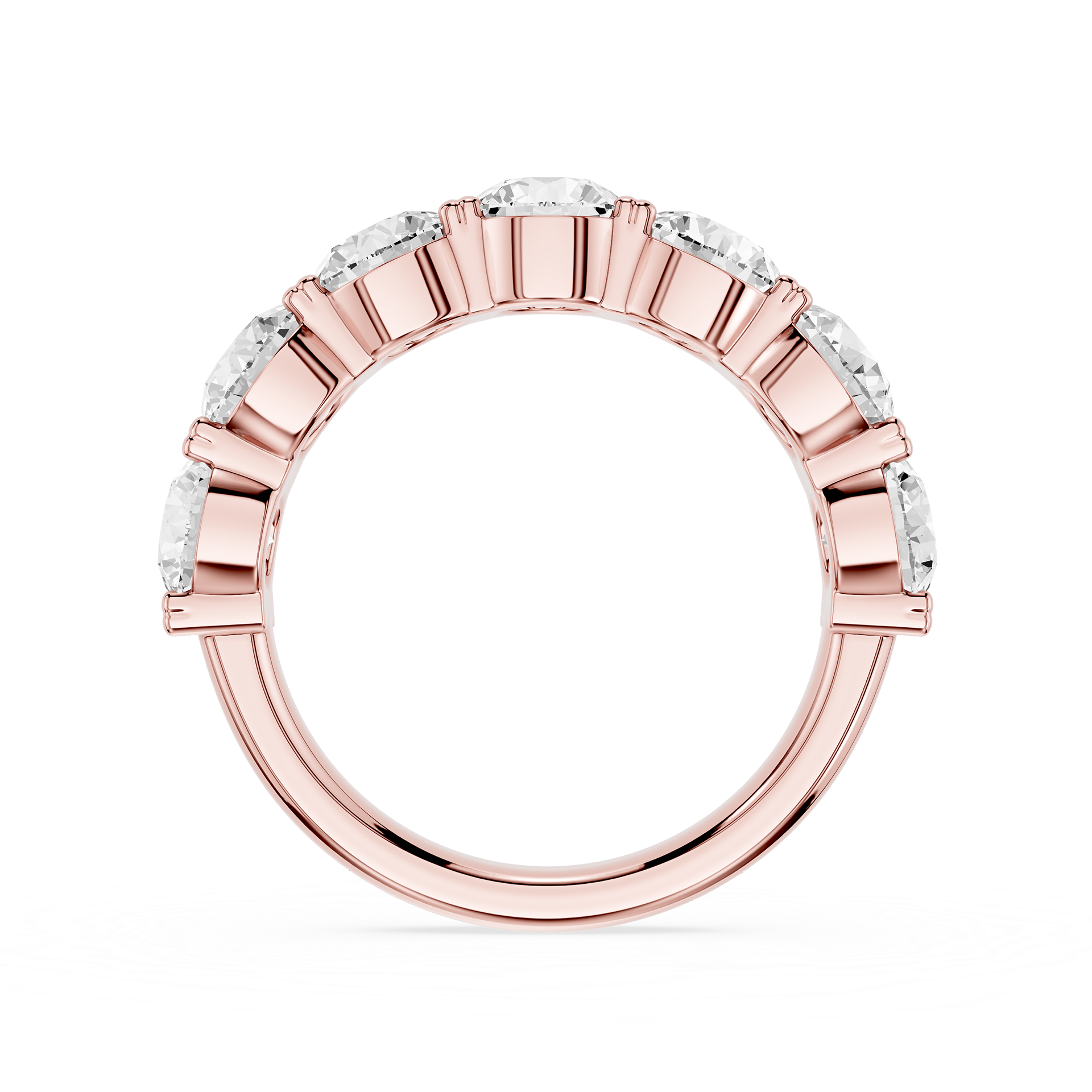 A rose gold eternity ring featuring a row of clear baguette-cut gemstones set in a polished band, shown against a plain white background.