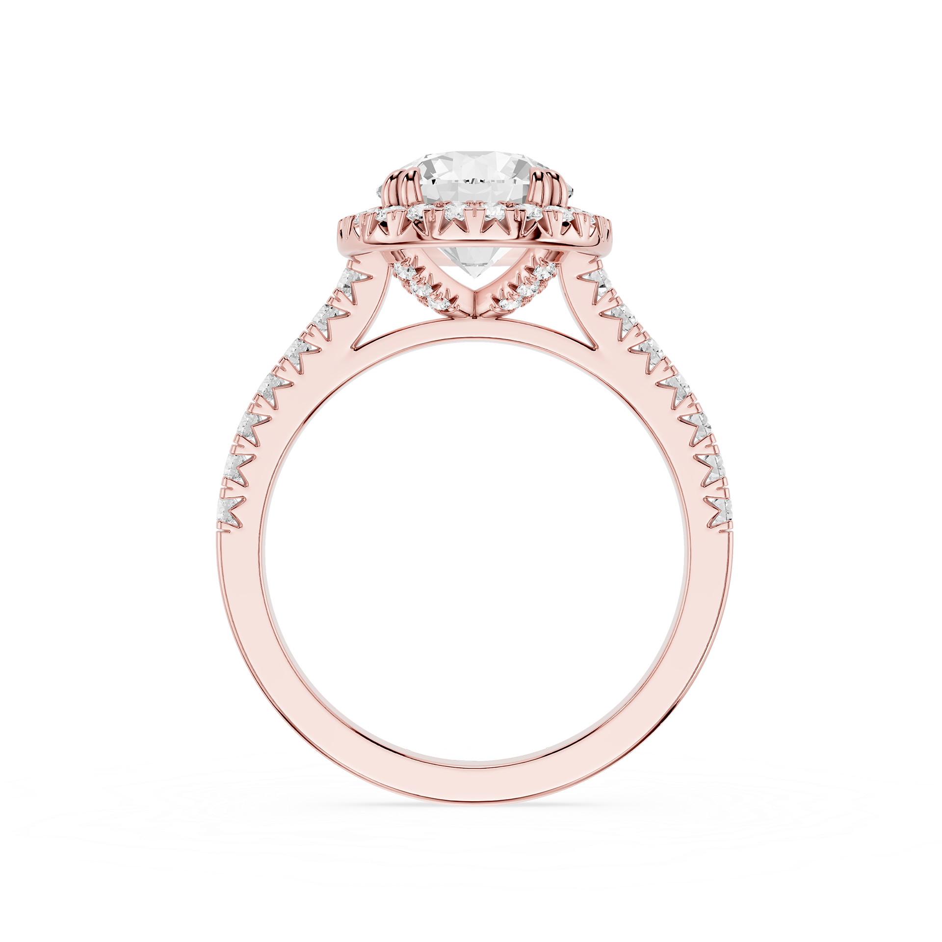 A rose gold engagement ring featuring a round-cut center stone and a halo of small pavé-set stones along the shoulders, shown on a plain white background.