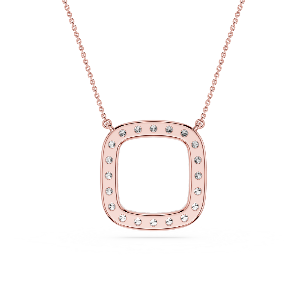 Rose gold necklace with a square pendant on a white background