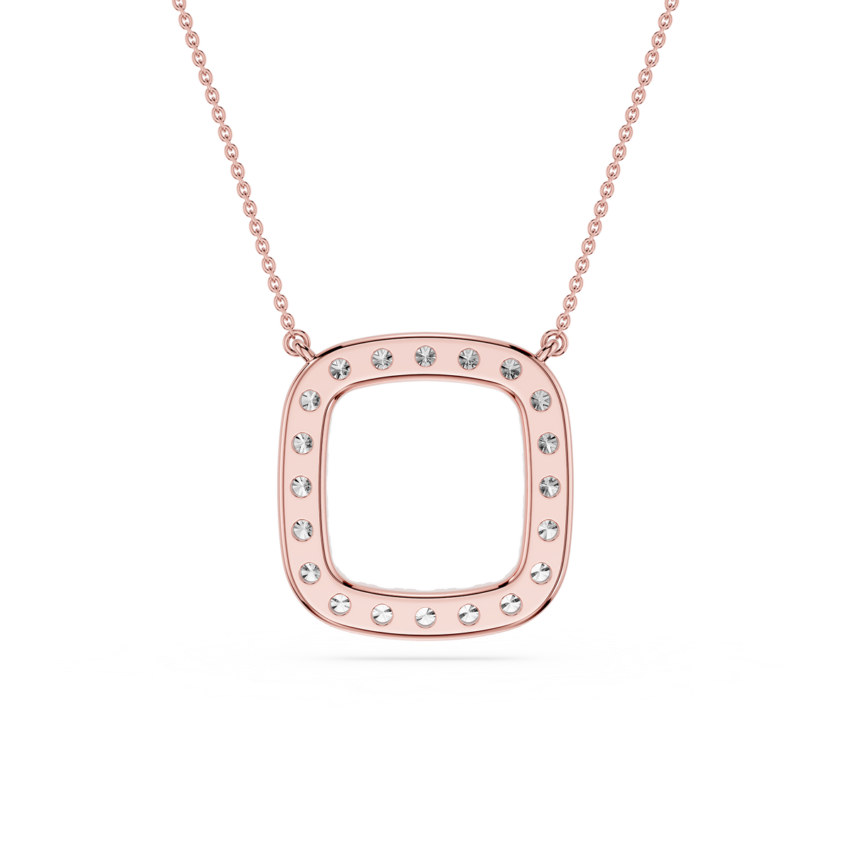 Rose gold necklace with a square pendant on a white background