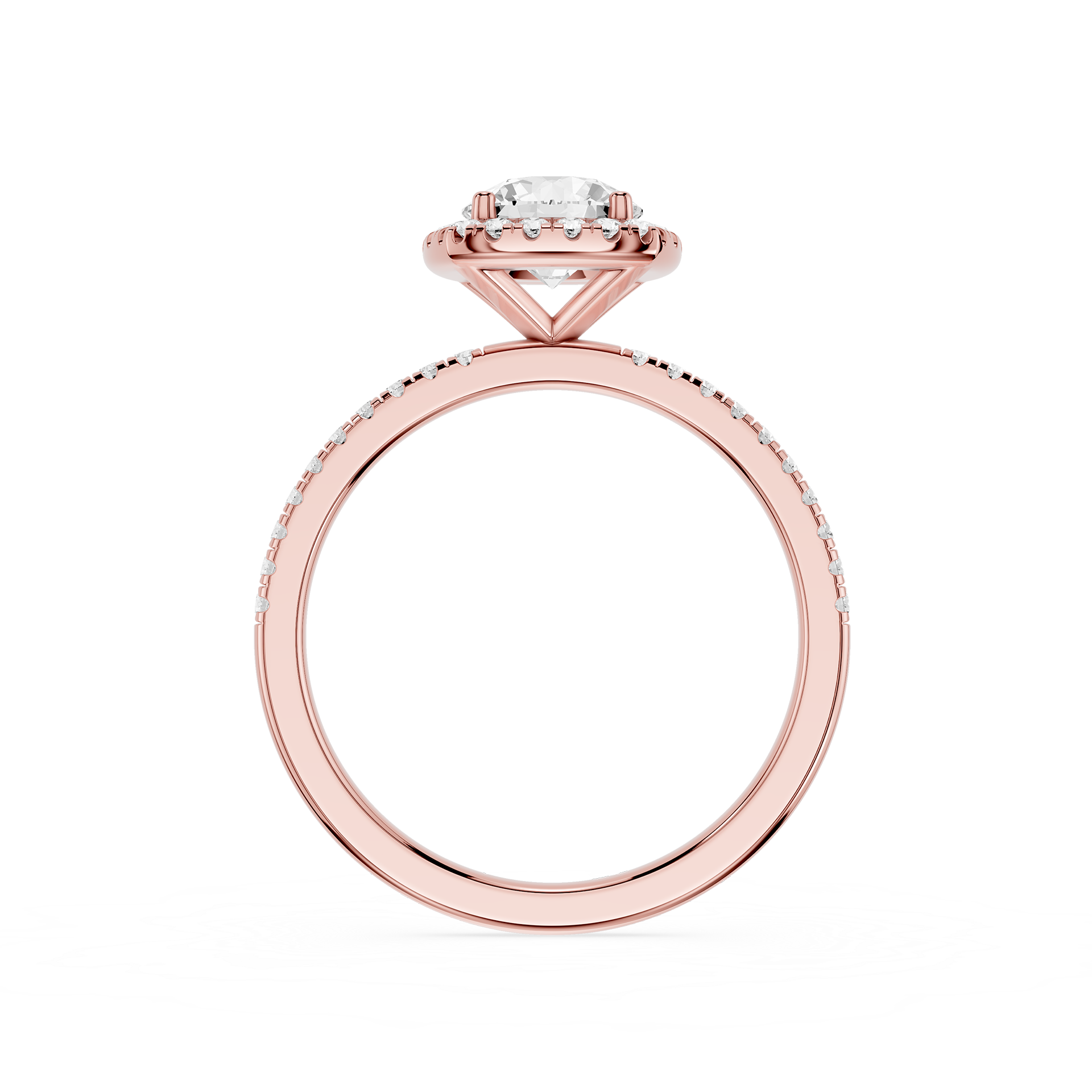 Rose gold ring with a diamond on a white background